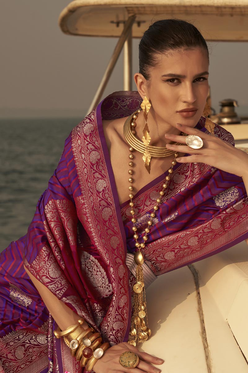 Purple Color Graceful Satin Fabric Weaving Work Festive Wear Saree