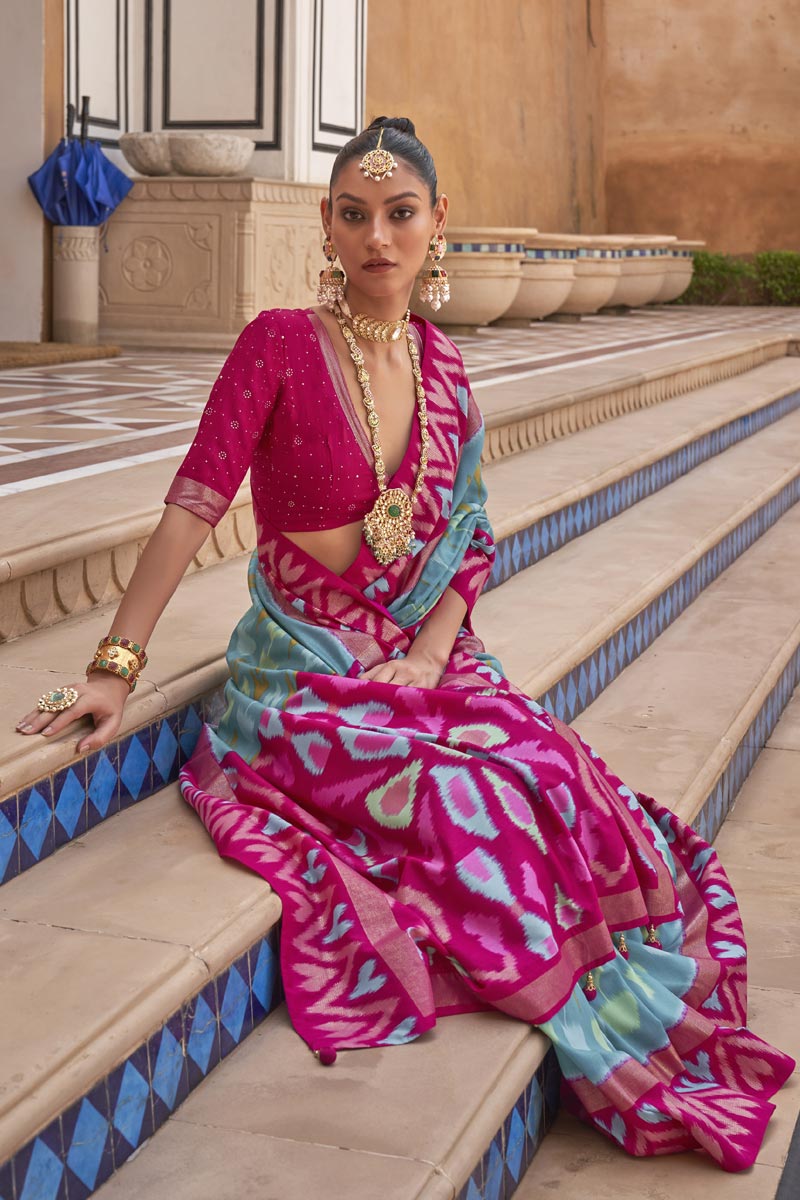 Incredible Printed Work On Art Silk Fabric Cyan Color Patola Saree