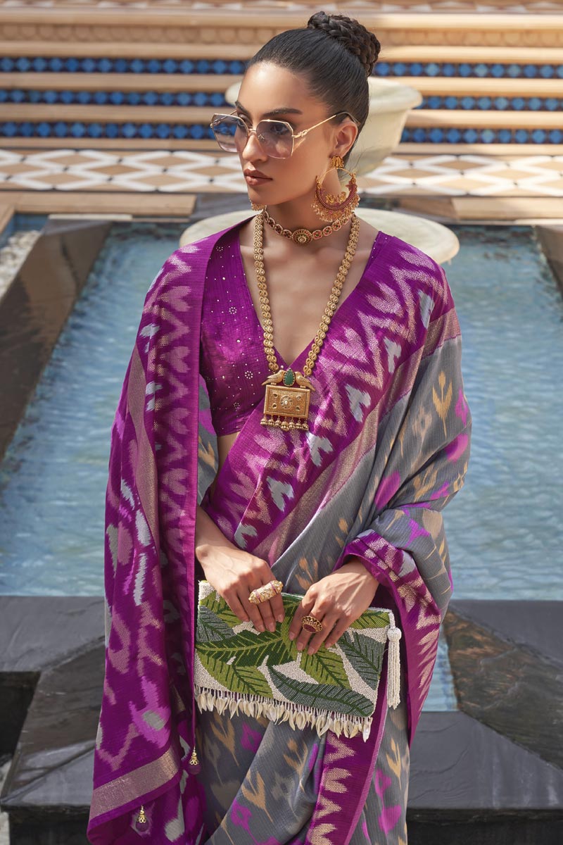 Engaging Grey Color Art Silk Fabric Patola Saree With Printed Work