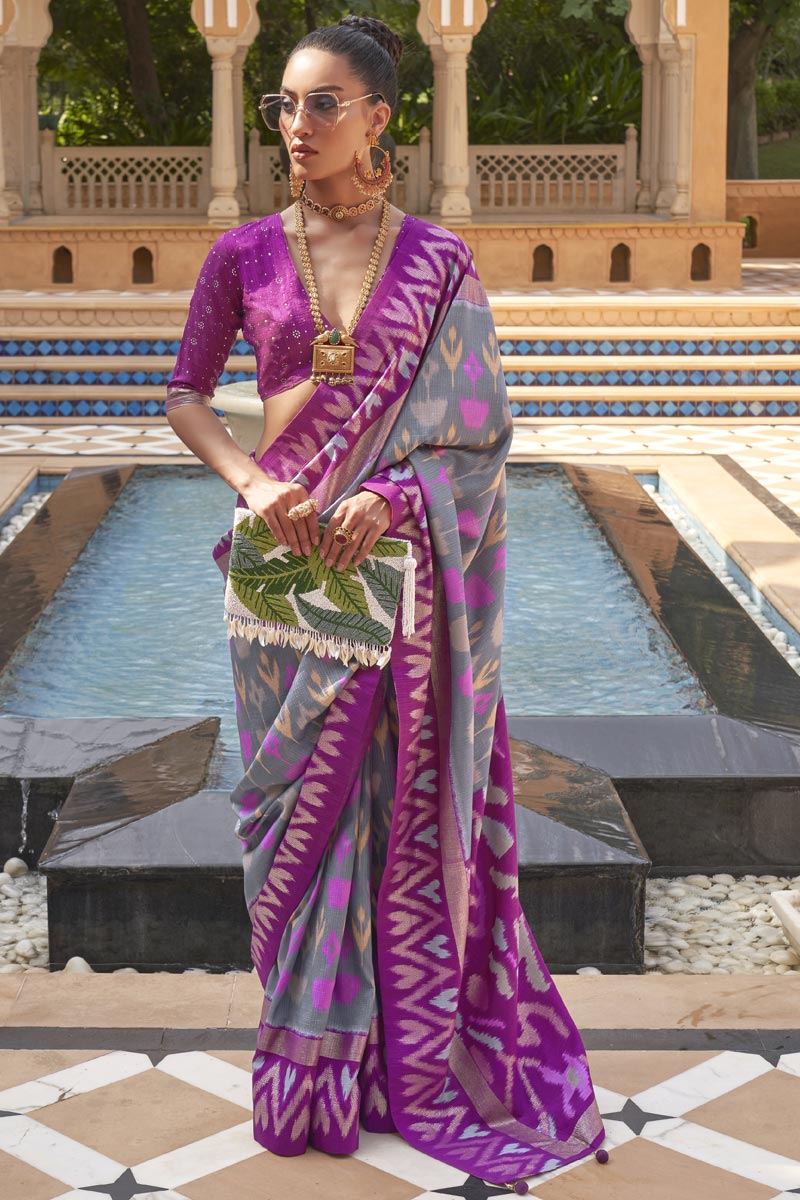 Engaging Grey Color Art Silk Fabric Patola Saree With Printed Work