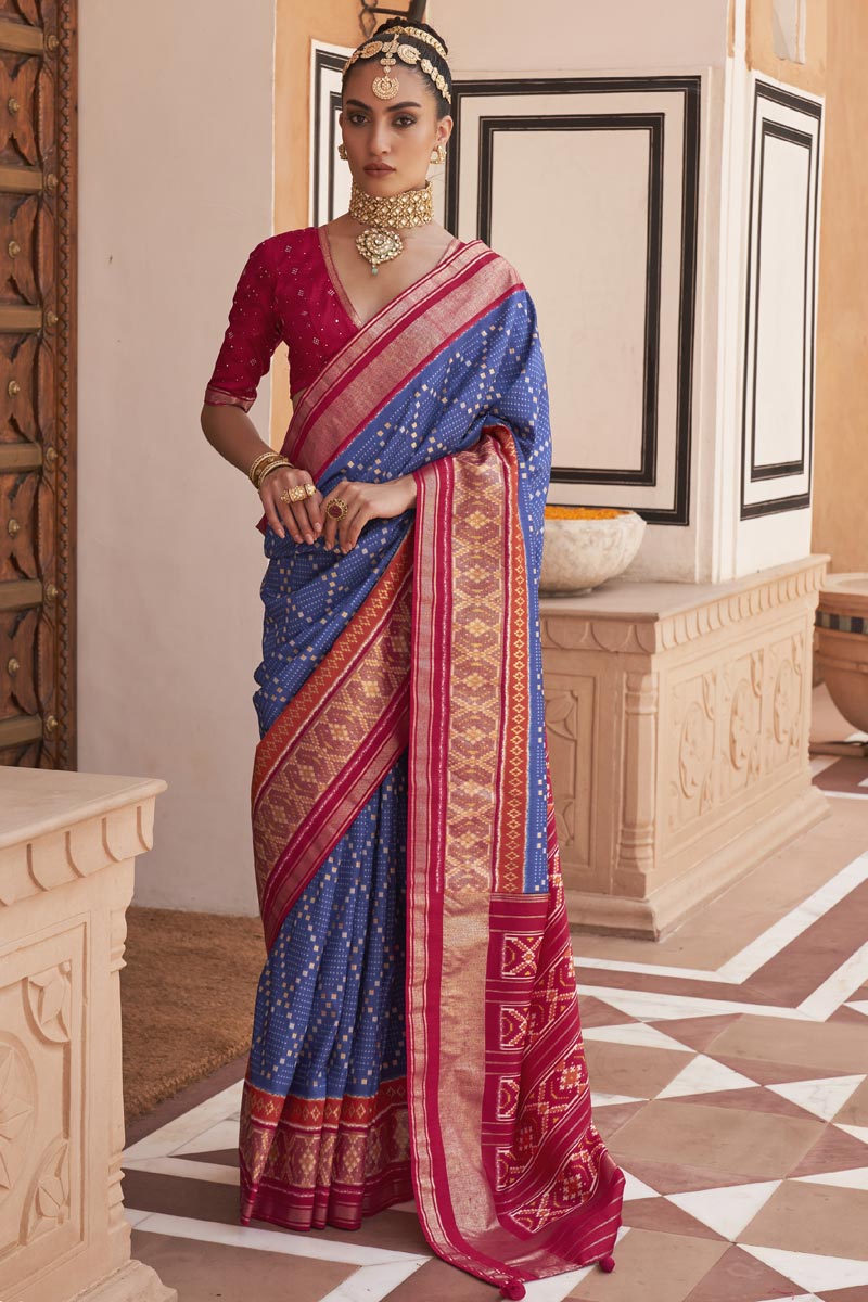 Classic Printed Work On Blue Color Patola Saree In Art Silk Fabric