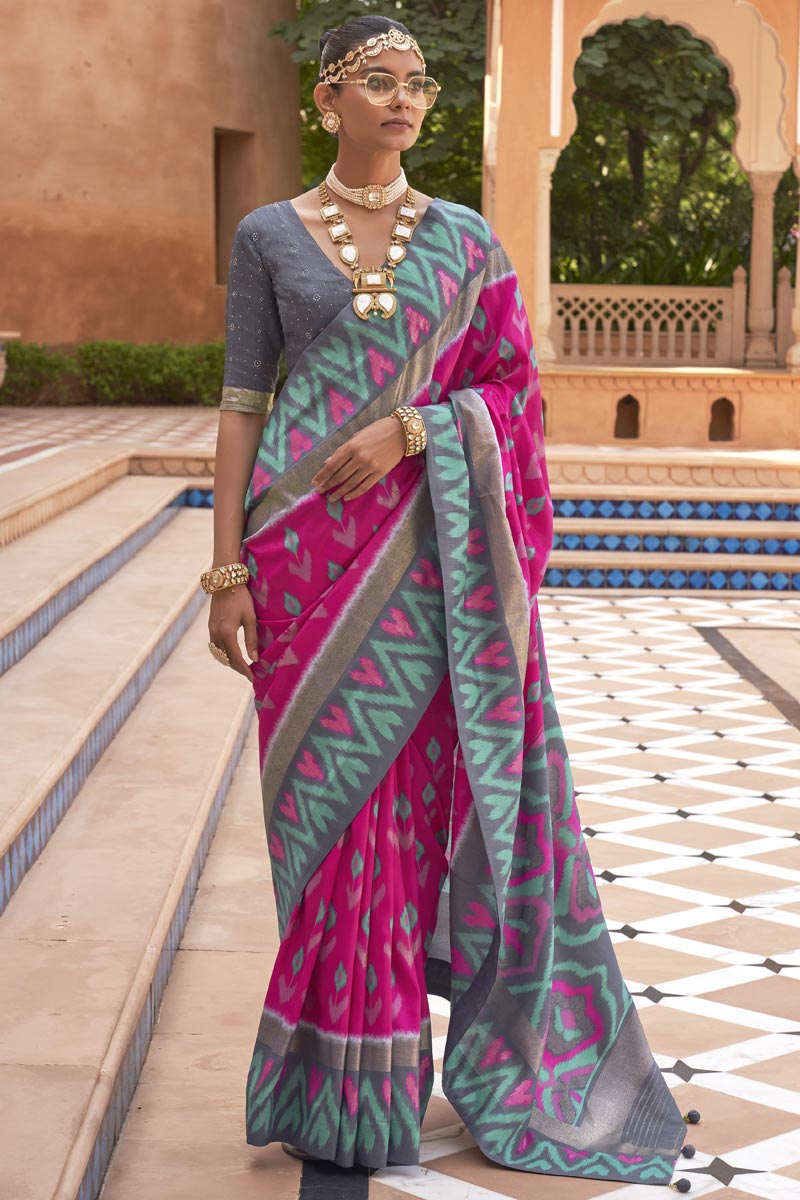 Art Silk Fabric Rani Color Patola Saree With Winsome Printed Work
