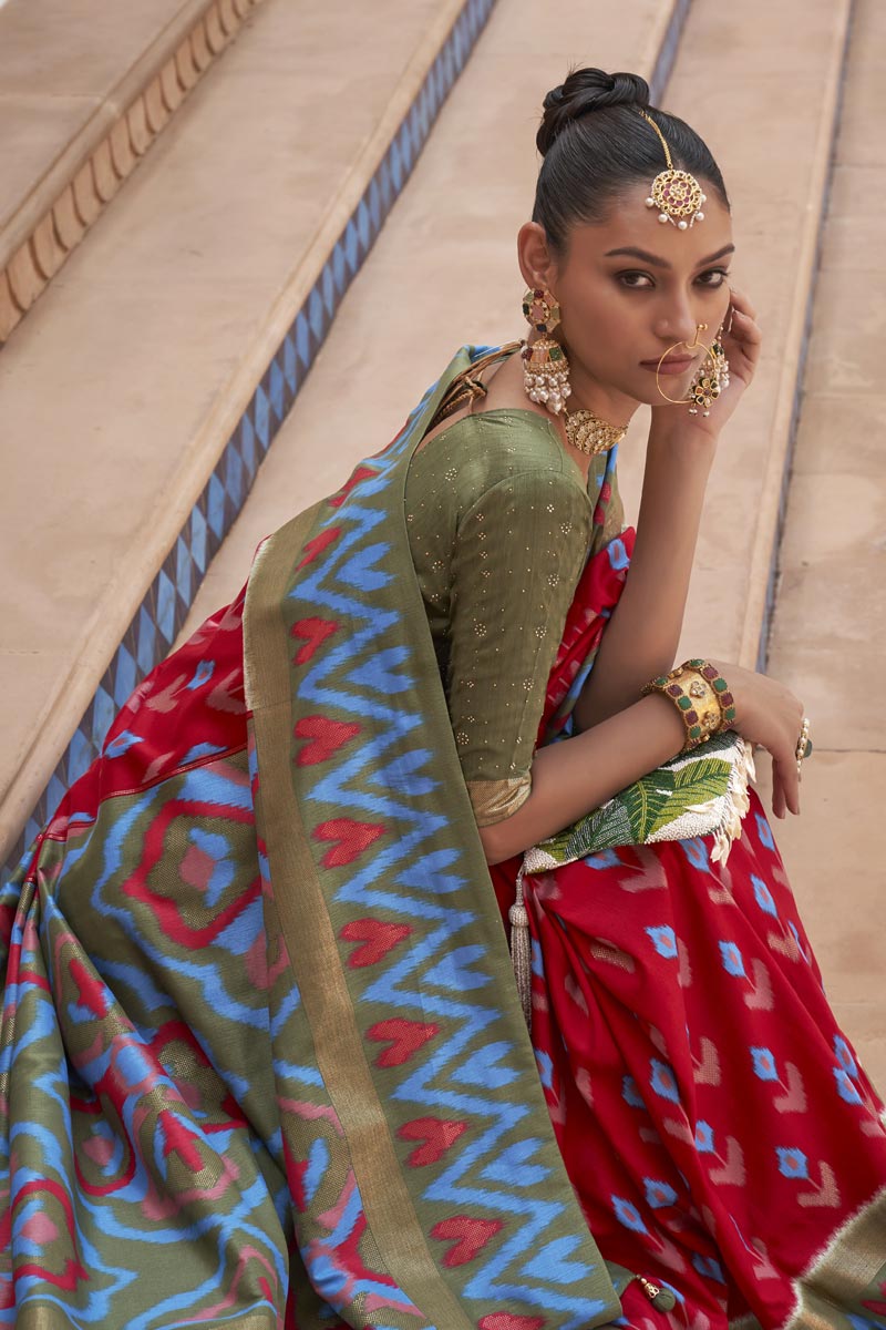 Creative Printed Work On Patola Saree In Red Color Art Silk Fabric