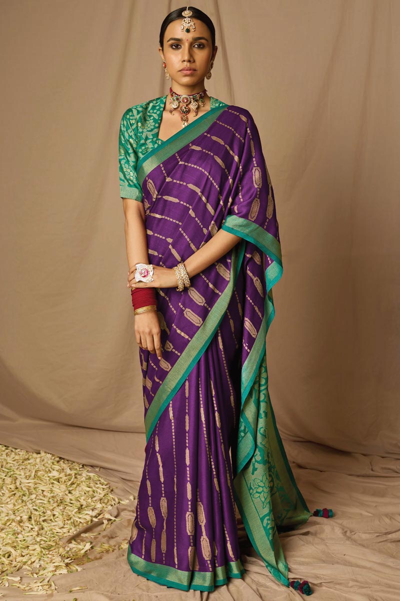 Graceful Brasso Fabric Purple Saree With Weaving Work
