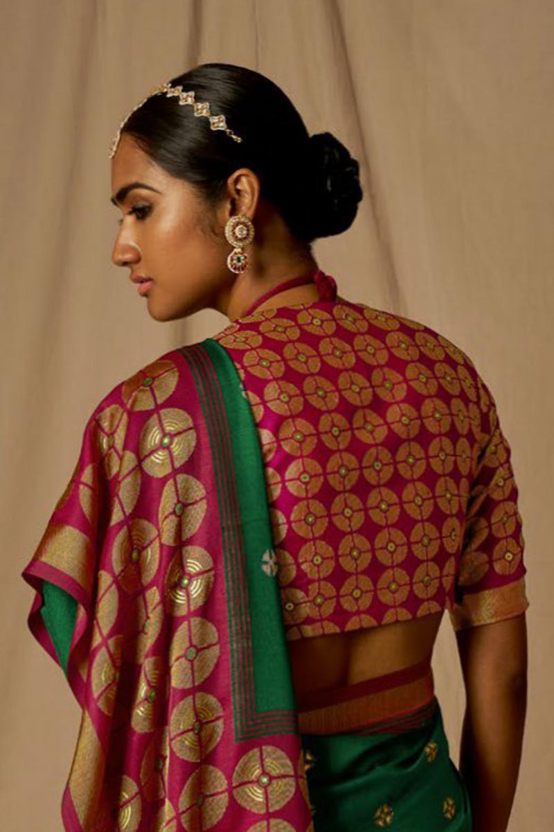 Tempting Brasso Fabric Dark Green Saree With Weaving Work