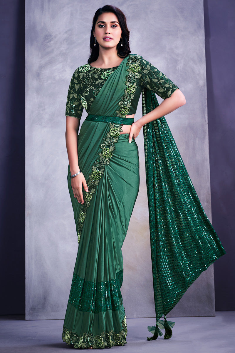 Creative Border Work On Lycra Fabric Saree In Dark Green Color