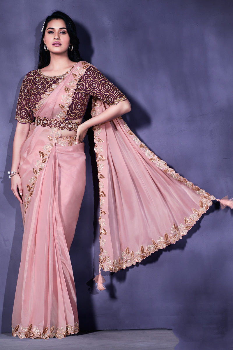 Marvellous Border Work On Crepe Fabric Saree In Peach Color