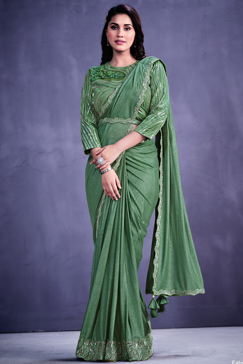 Net Fabric Green Color Superior Saree With Border Work