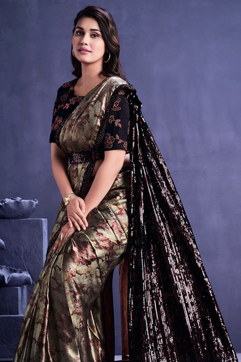 Classic Border Work On Beige Color Saree In Satin Fabric