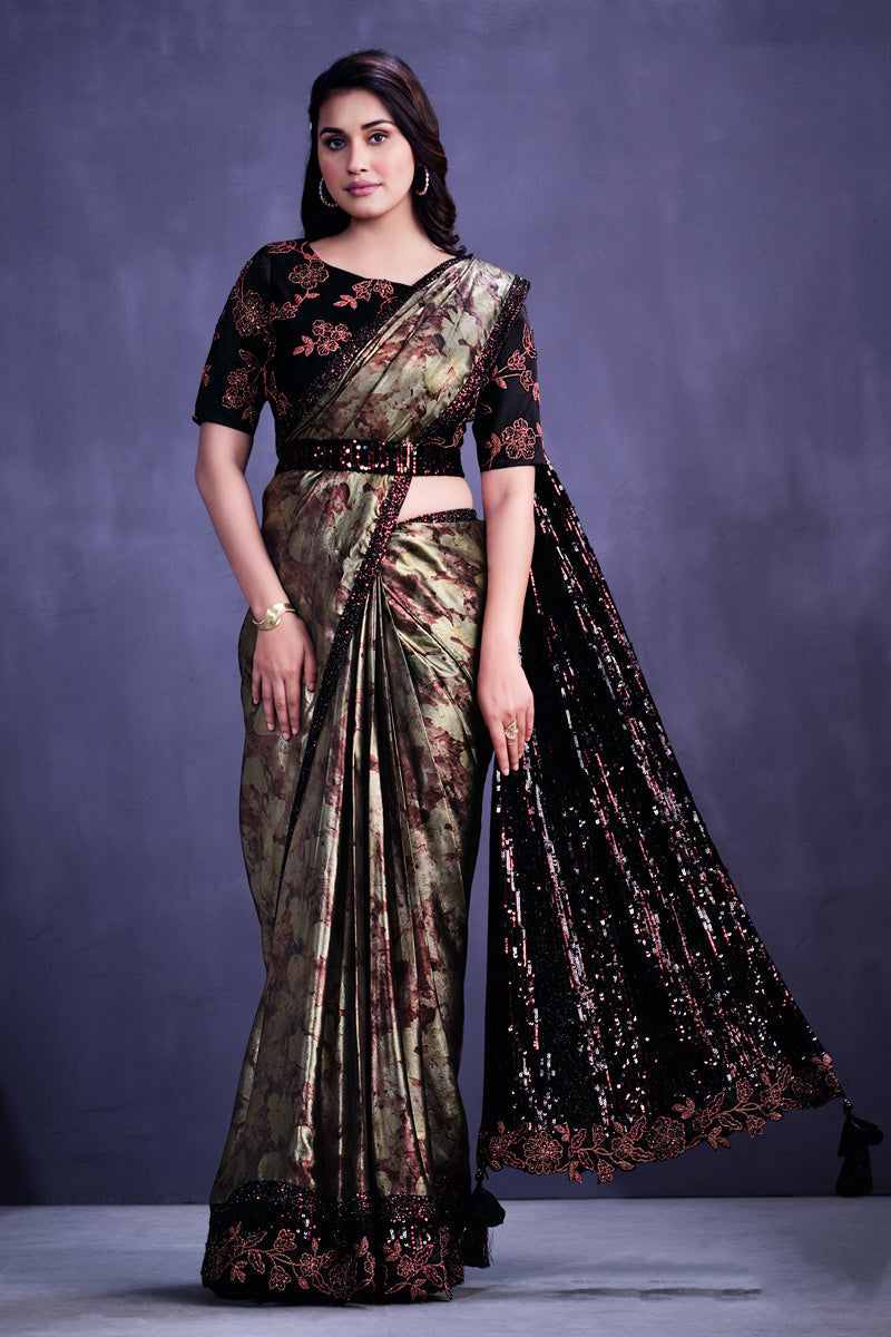 Classic Border Work On Beige Color Saree In Satin Fabric