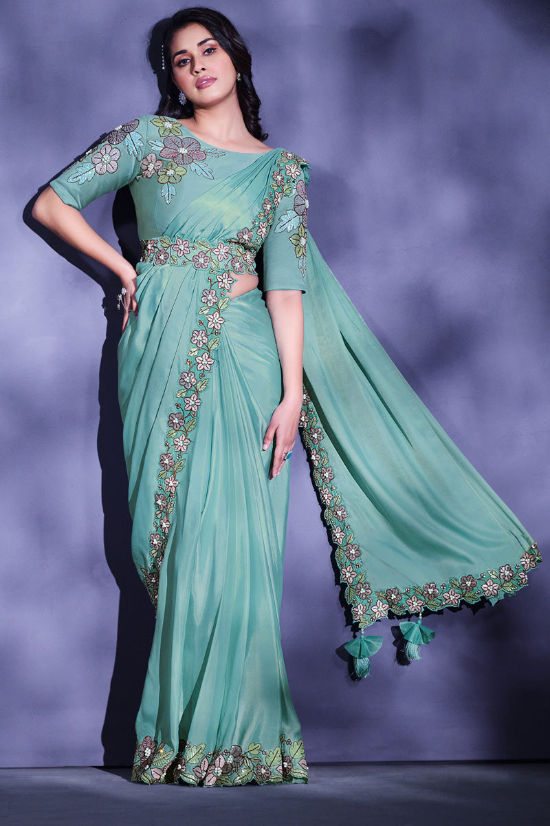 Engaging Border Work On Light Cyan Color Crepe Fabric Saree