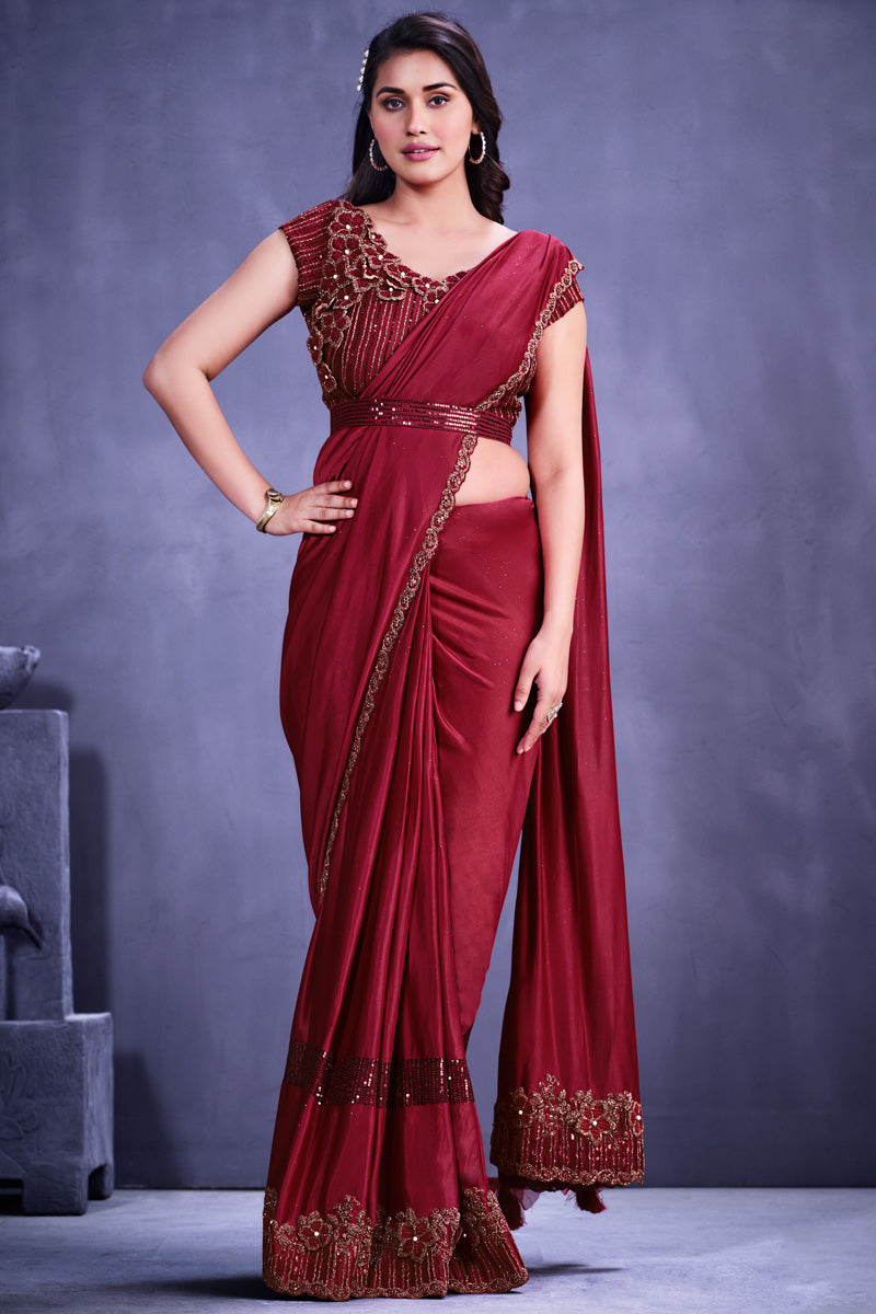 Lycra Fabric Red Color Saree With Excellent Border Work