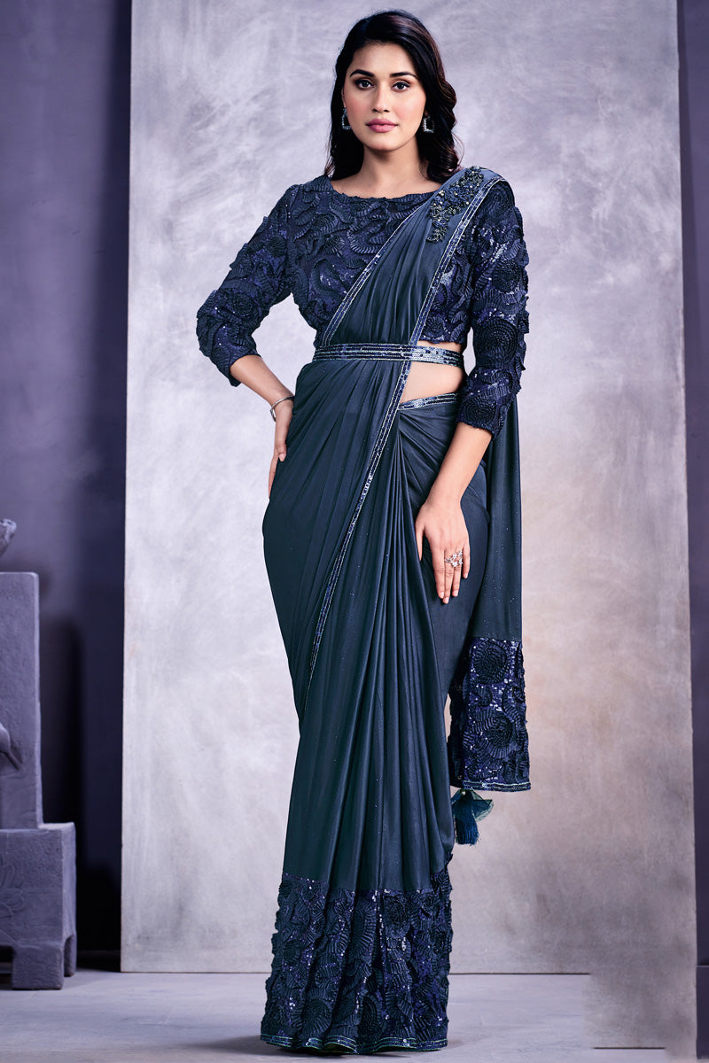 Blue Color Border Work On Lycra Fabric Stunning Saree