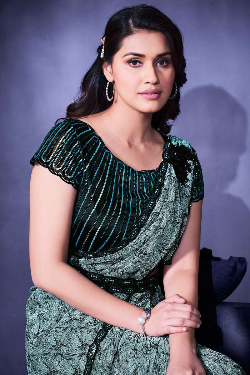 Lycra Fabric Sea Green Color Saree With Gorgeous Border Work