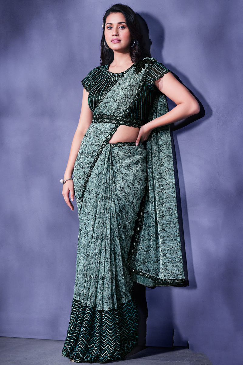 Lycra Fabric Sea Green Color Saree With Gorgeous Border Work