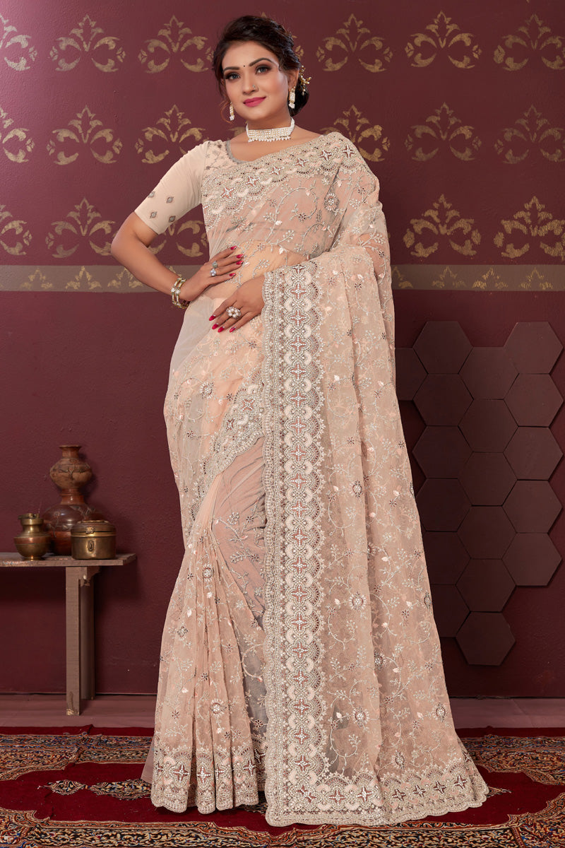 Dazzling Peach Color Net Fabric Embroidered Saree