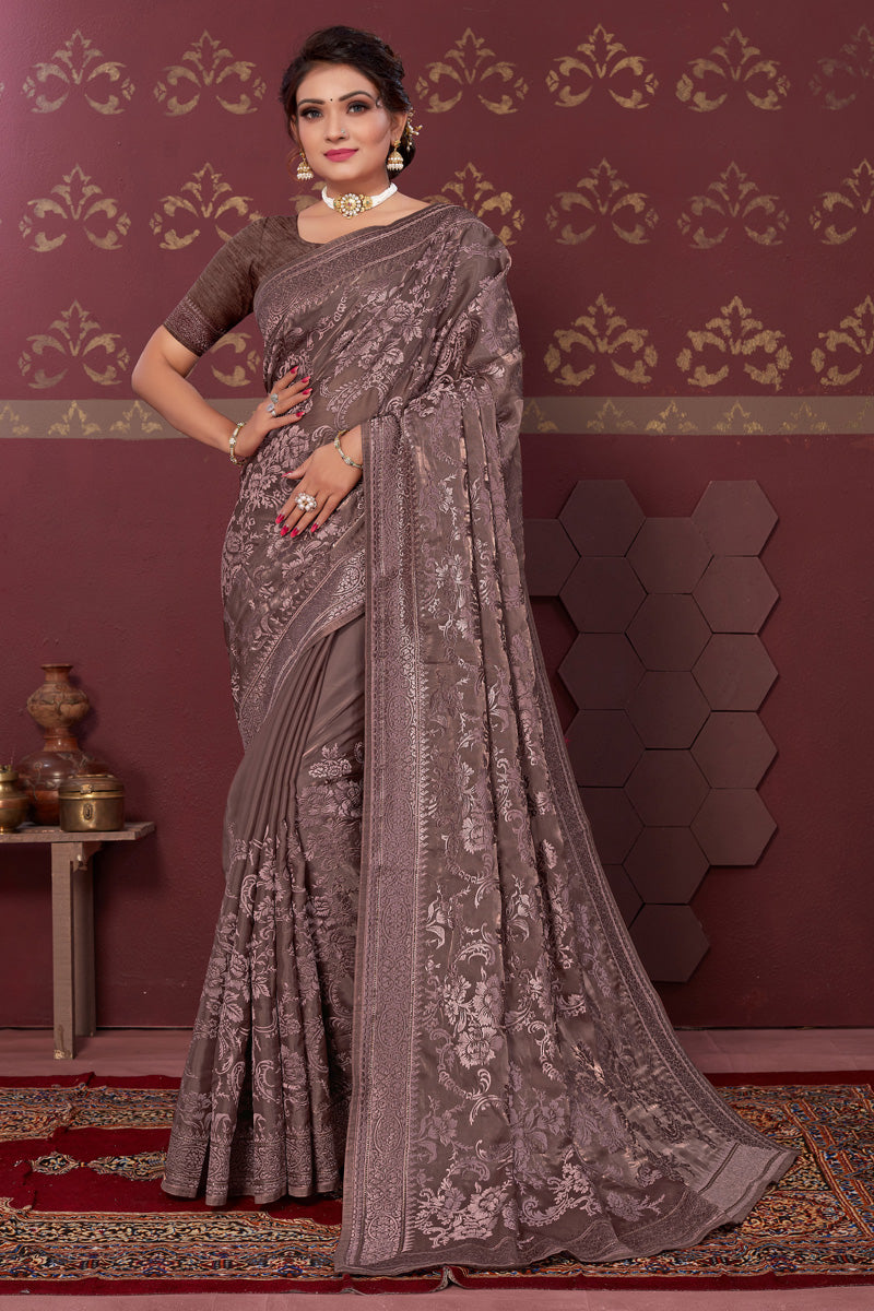 Art Silk Fabric Engrossing Embroidered Saree In Brown Color