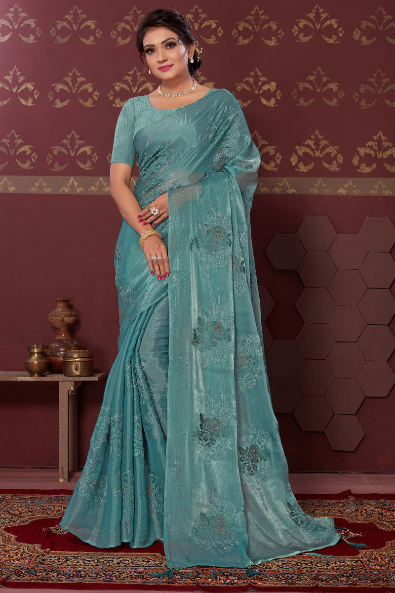 Art Silk Fabric Embroidered Gorgeous Saree In Cyan Color
