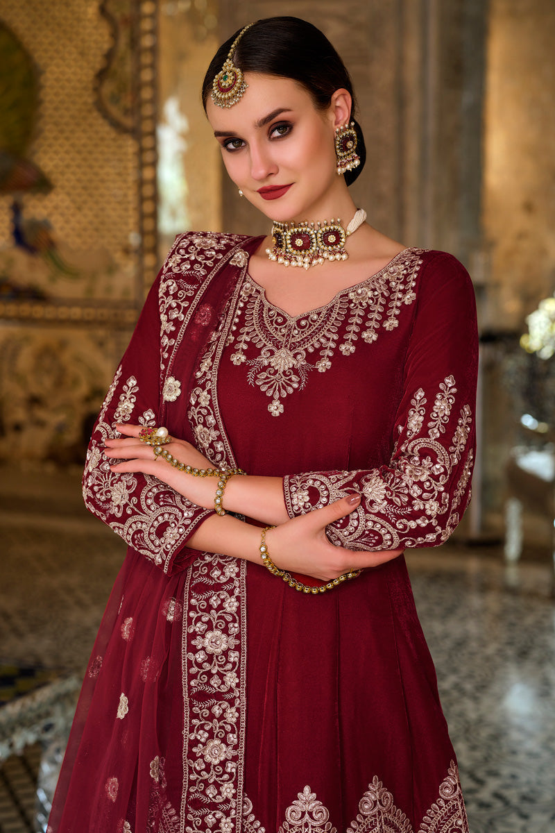 Velvet Fabric Sangeet Wear Maroon Phenomenal Anarkali Suit