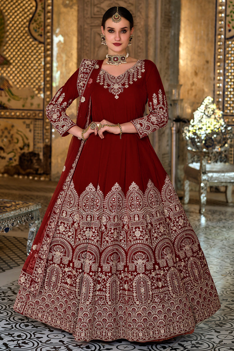 Velvet Fabric Sangeet Wear Maroon Phenomenal Anarkali Suit