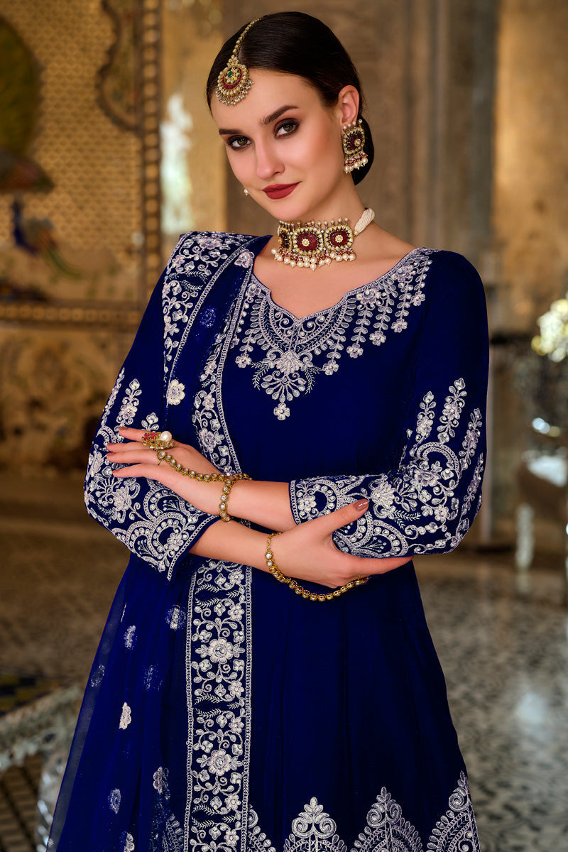 Velvet Fabric Sangeet Wear Luxurious Anarkali Suit In Blue Color