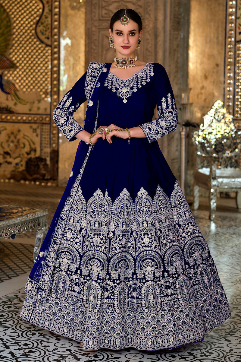 Velvet Fabric Sangeet Wear Luxurious Anarkali Suit In Blue Color