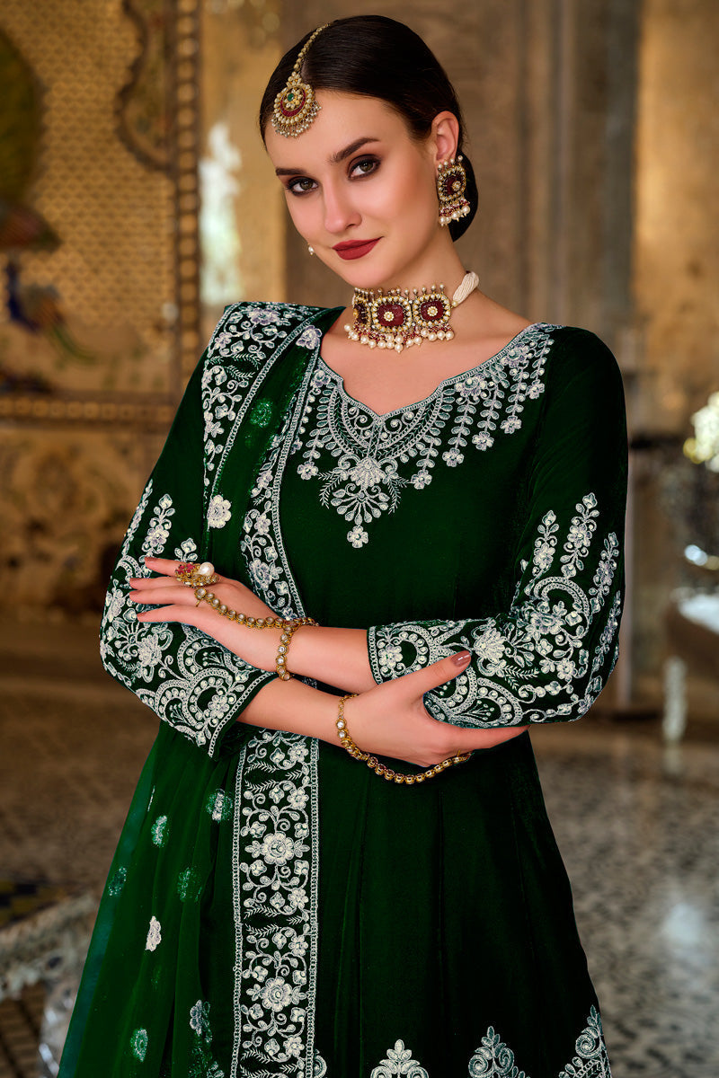 Sangeet Wear Velvet Fabric Green Magnificent Anarkali Suit