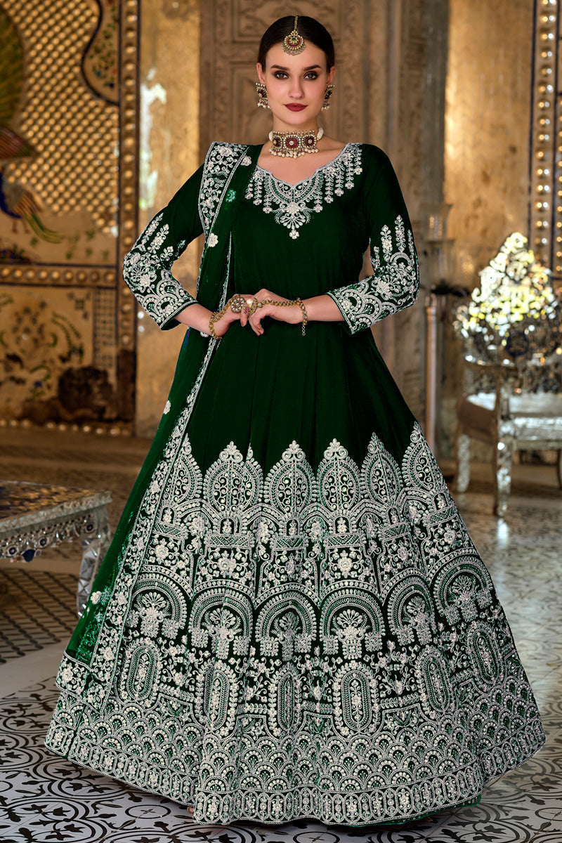 Sangeet Wear Velvet Fabric Green Magnificent Anarkali Suit