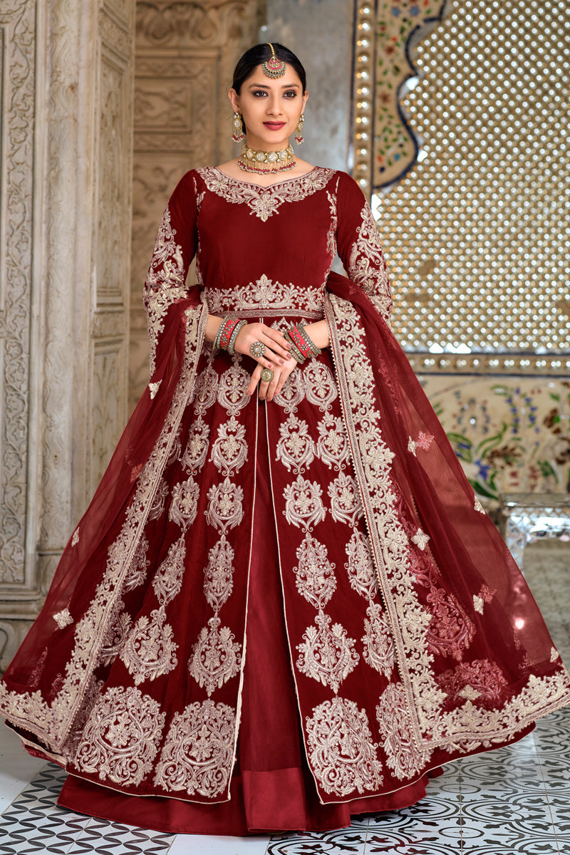 Maroon Velvet Fabric Sangeet Wear Luminous Sharara Top Lehenga