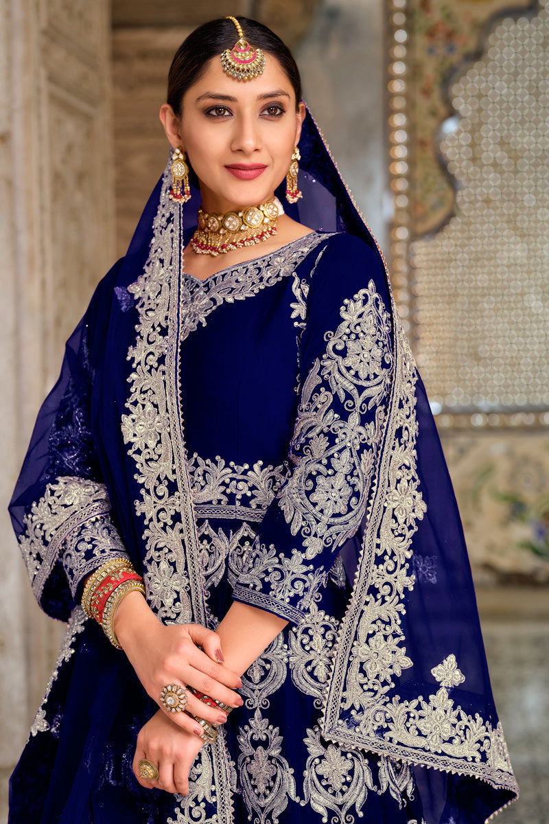 Velvet Fabric Sangeet Wear Mesmeric Sharara Top Lehenga In Blue Color