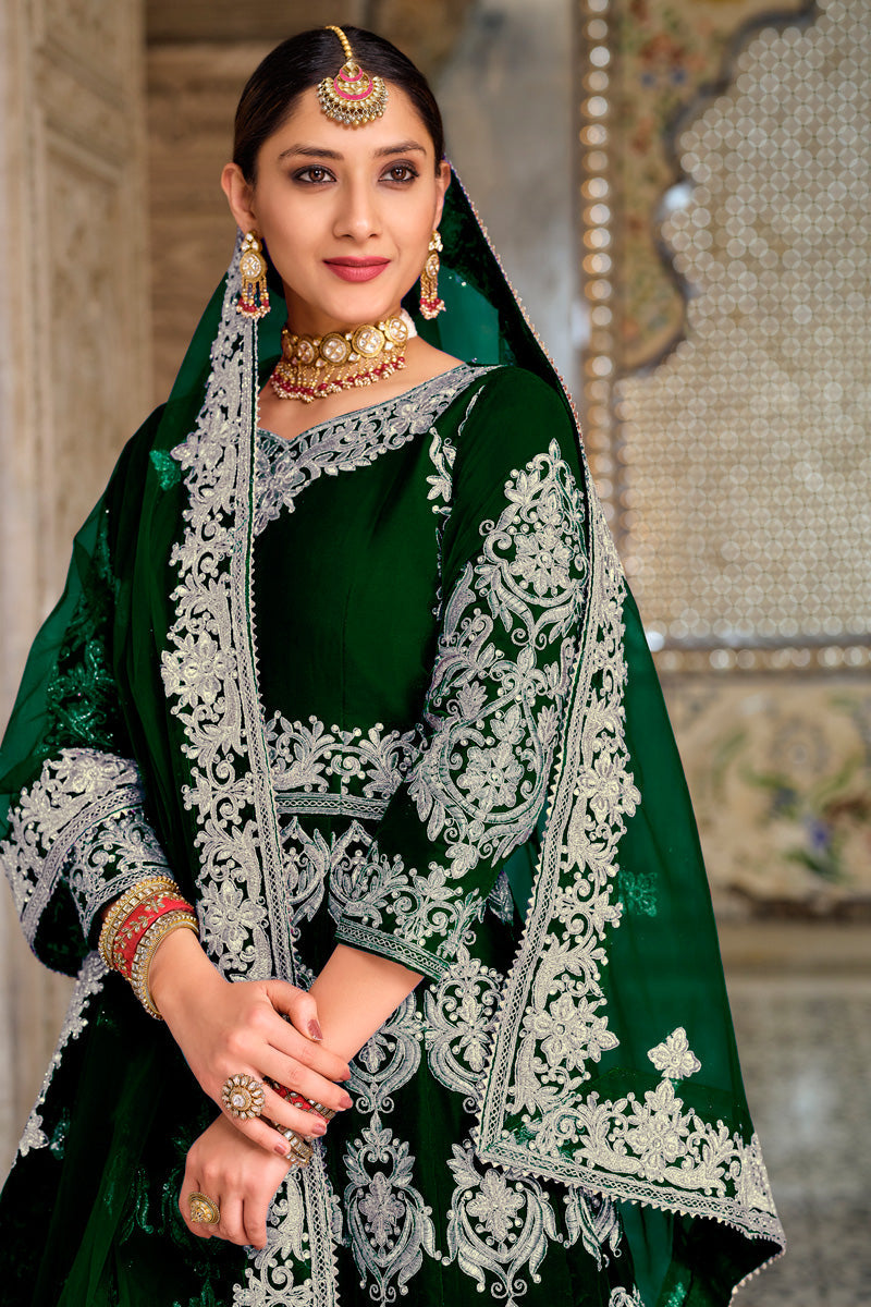 Velvet Fabric Sangeet Wear Wondrous Sharara Top Lehenga In Green Color