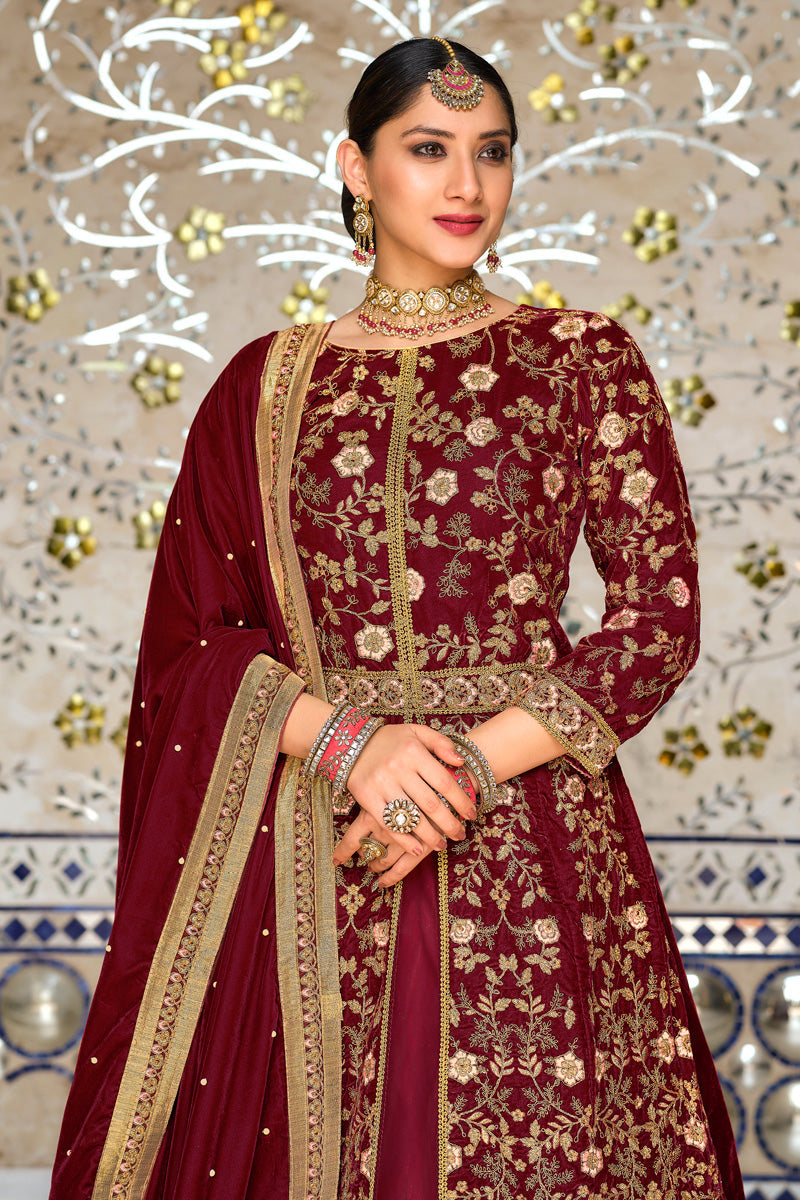 Maroon Sangeet Wear Velvet Fabric Incredible Sharara Top Lehenga