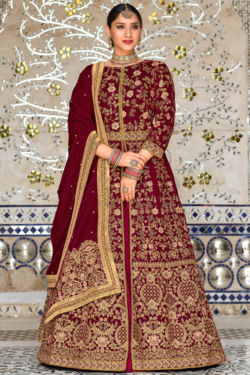 Maroon Sangeet Wear Velvet Fabric Incredible Sharara Top Lehenga