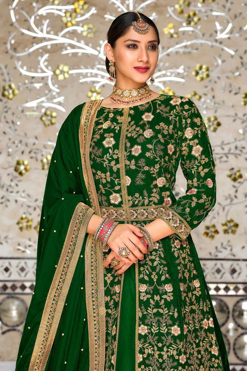 Sangeet Wear Green Velvet Fabric Charismatic Sharara Top Lehenga
