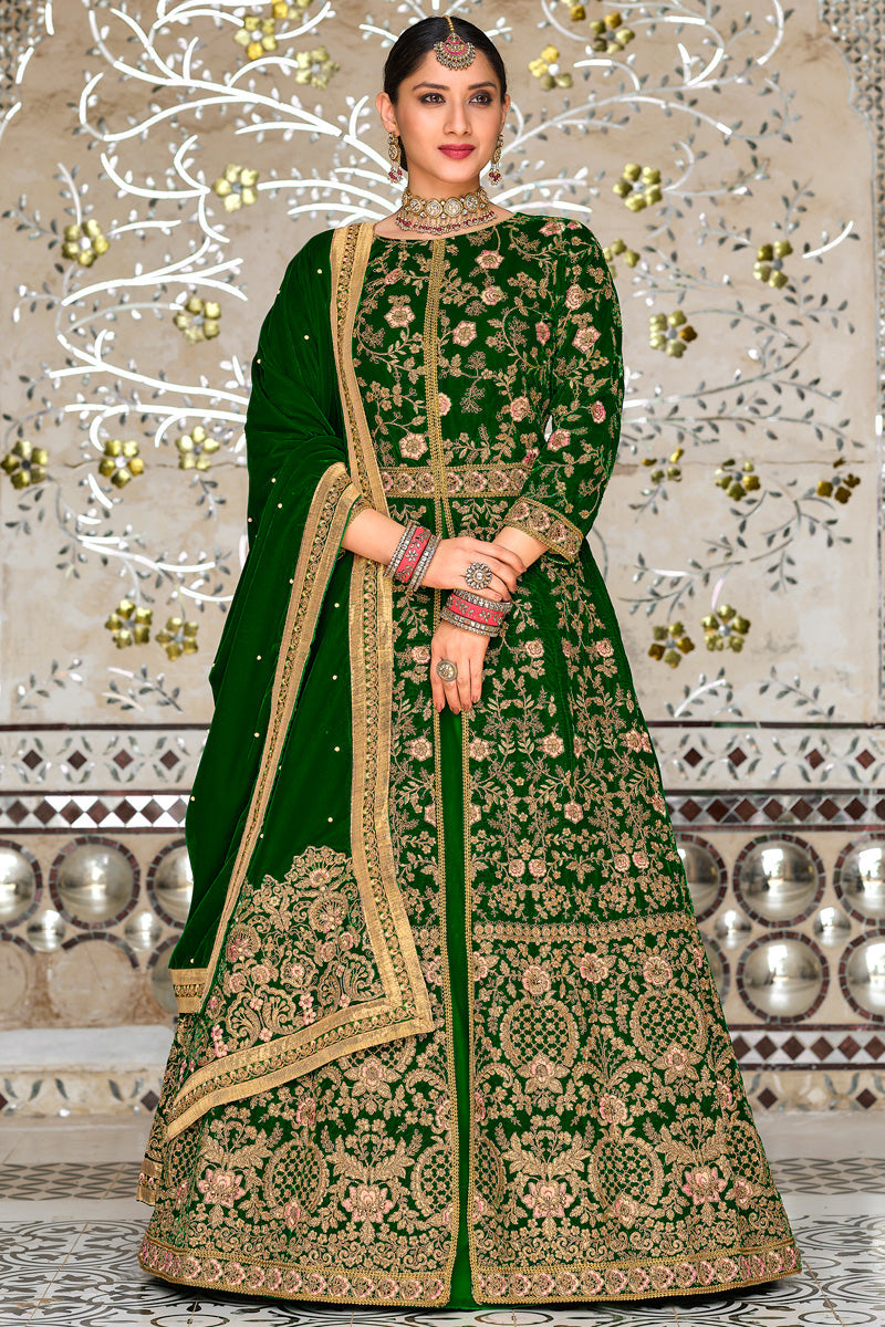 Sangeet Wear Green Velvet Fabric Charismatic Sharara Top Lehenga