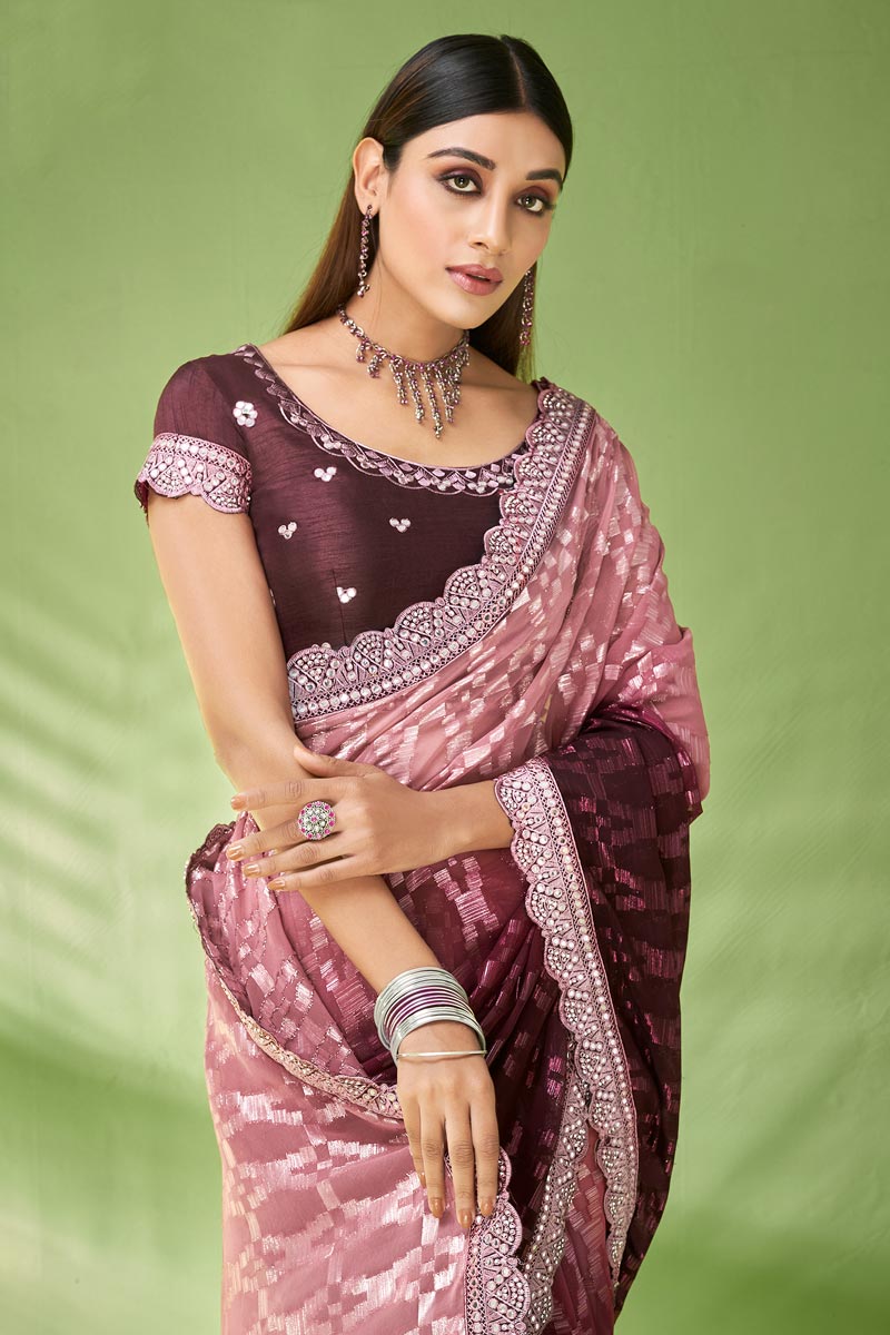 Wonderful Foil Printed Georgette Saree In Wine Color