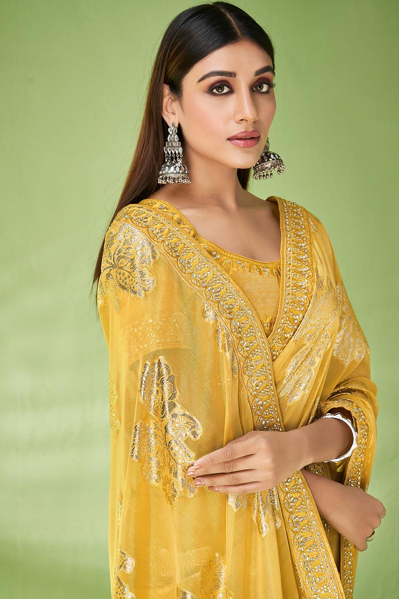 Foil Printed Work On Yellow Delicate Georgette Saree