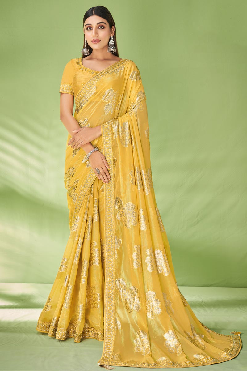 Foil Printed Work On Yellow Delicate Georgette Saree