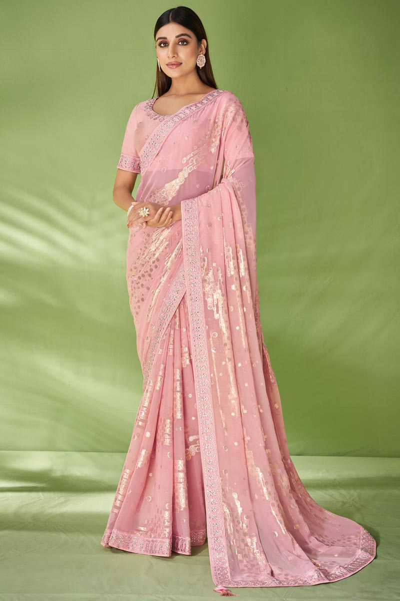 Supreme Foil Printed Georgette Saree In Peach Color