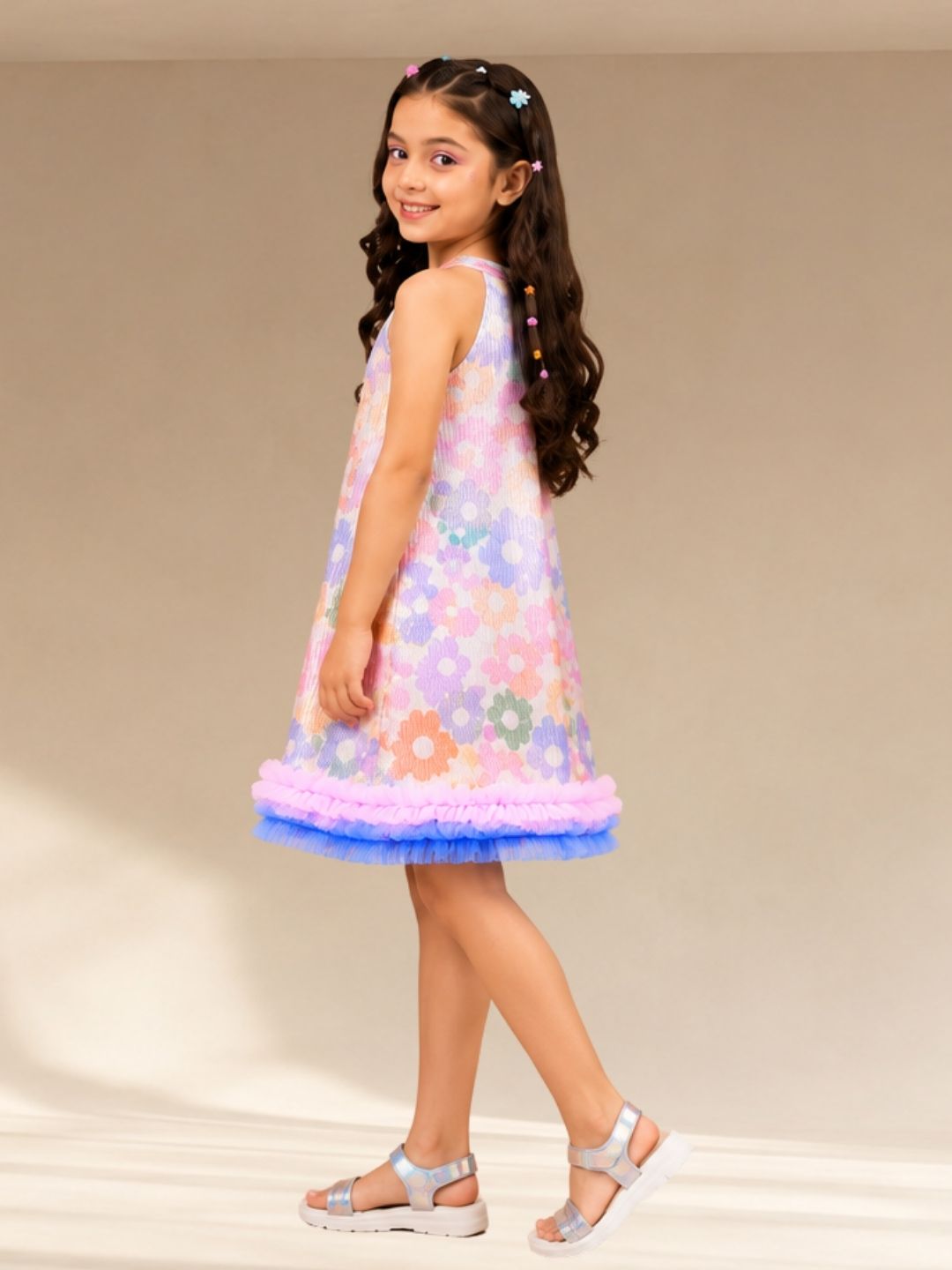 Multicolor Flower Pleated Party Dress For Girls
