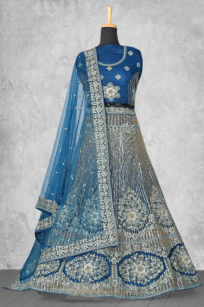 Beguiling Embroidered Work On Blue Color Velvet Fabric Lehenga