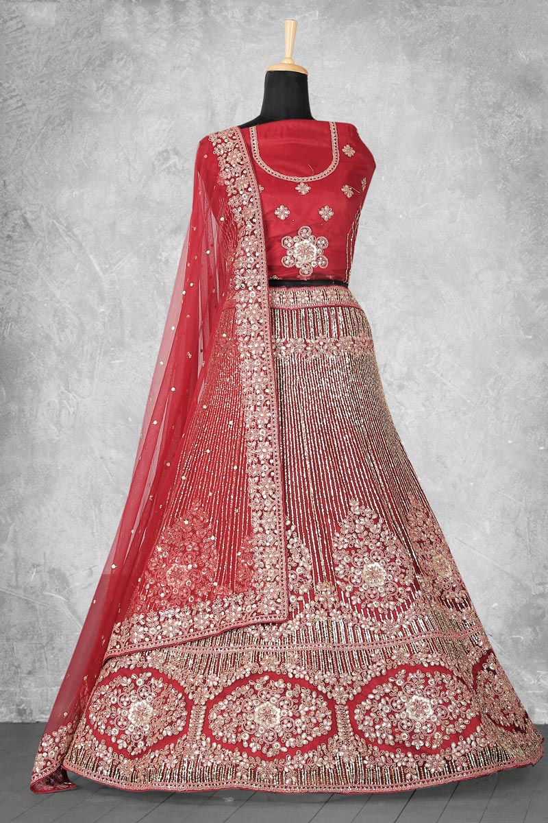 Incredible Embroidered Work On Velvet Fabric Red Color Lehenga