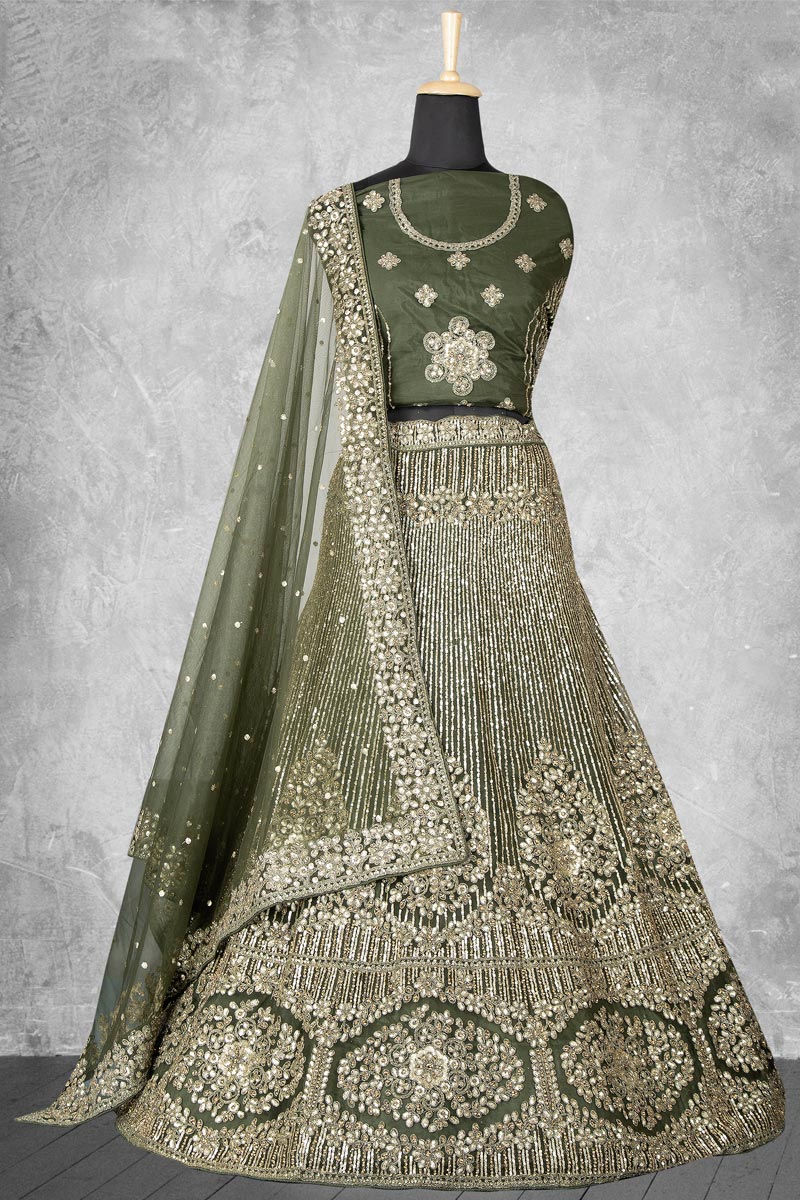Engaging Green Color Velvet Fabric Lehenga With Embroidered Work