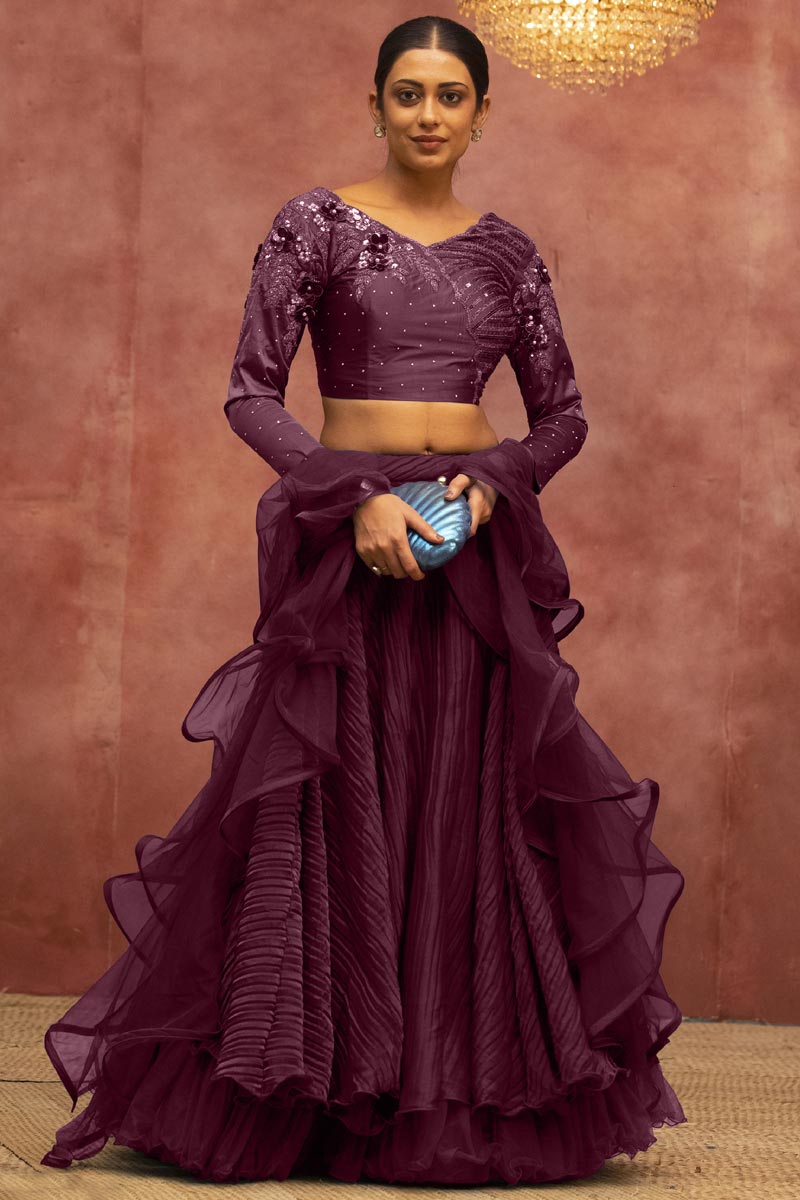Wine Riveting Lycra Fabric Wedding Wear Lehenga Choli