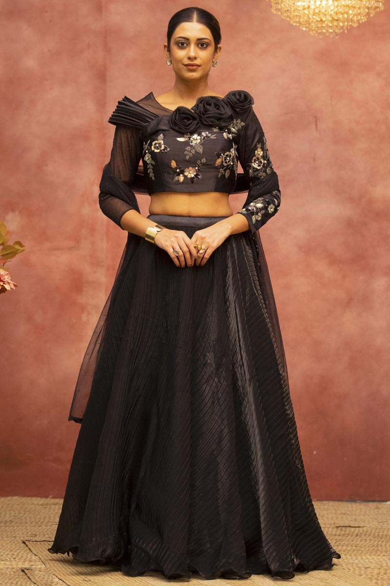Black Excellent Satin Fabric Wedding Wear Lehenga Choli