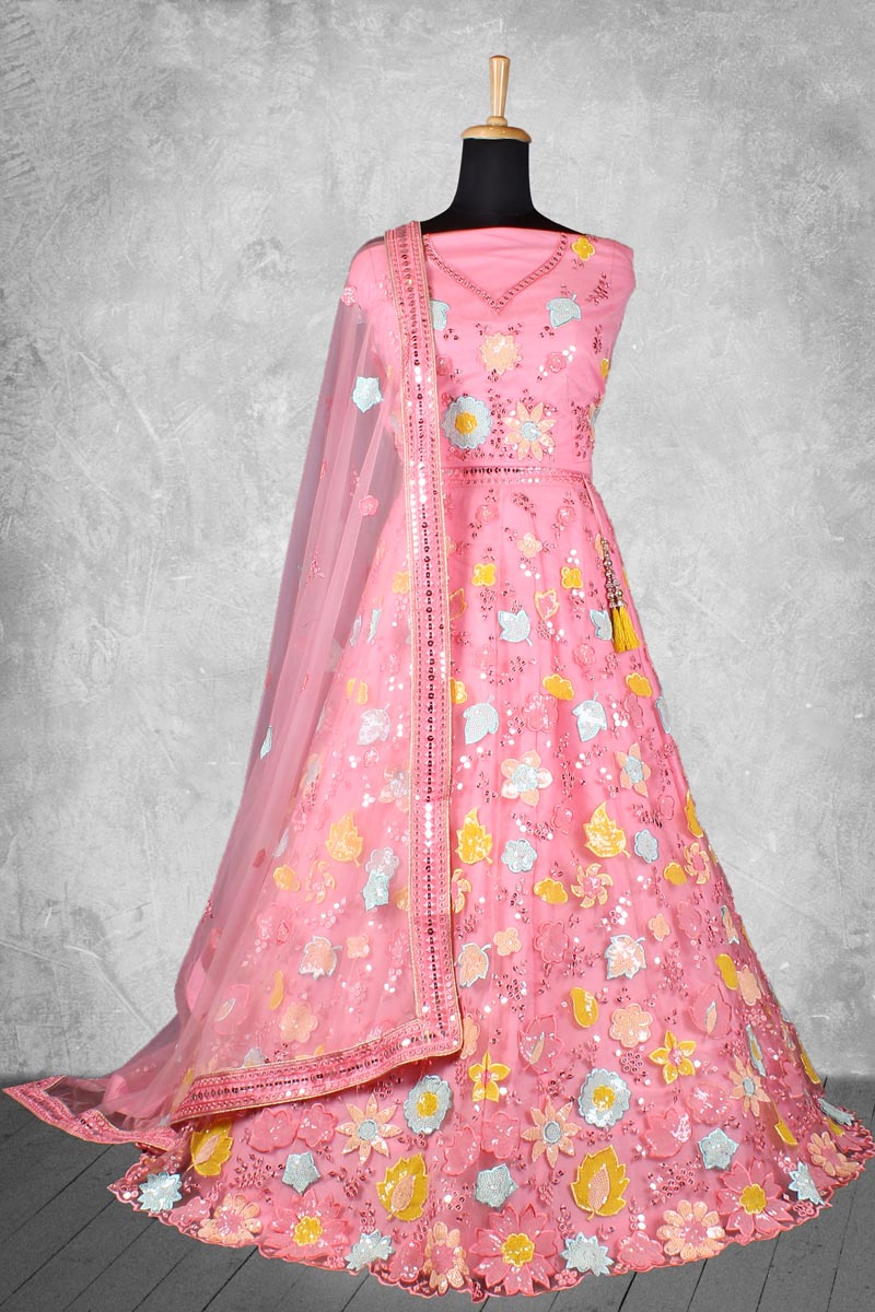 Pink Pleasance Net Fabric Wedding Wear Lehenga Choli