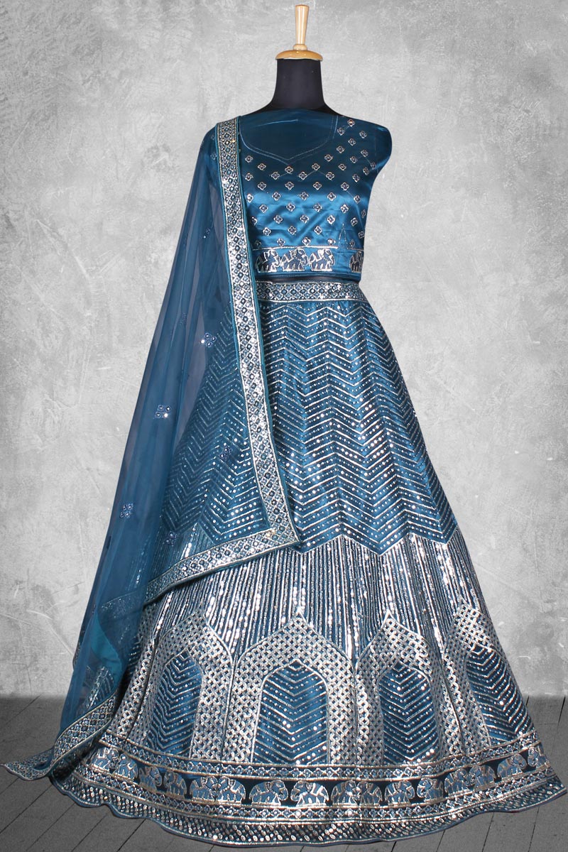 Teal Sequins Work Satin Silk Fabric Vintage Bridal Lehenga