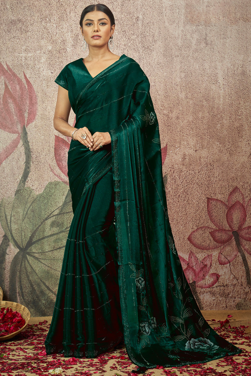 Fancy Work Satin Silk Fabric Green Color Provocative Saree