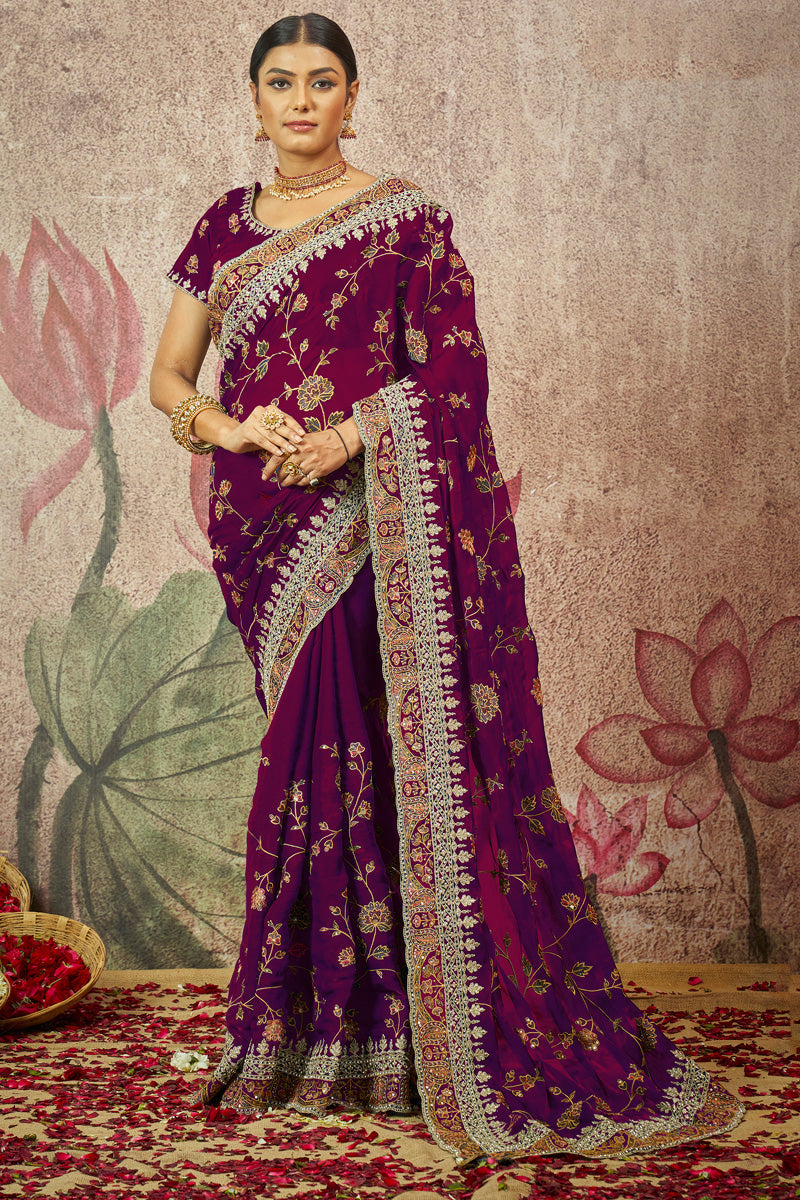 Wine Color Sequins Work On Organza Fabric Blazing Saree