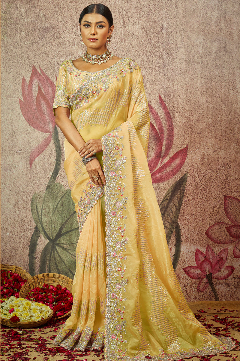 Organza Fabric Yellow Color Intricate Sequins Work Saree